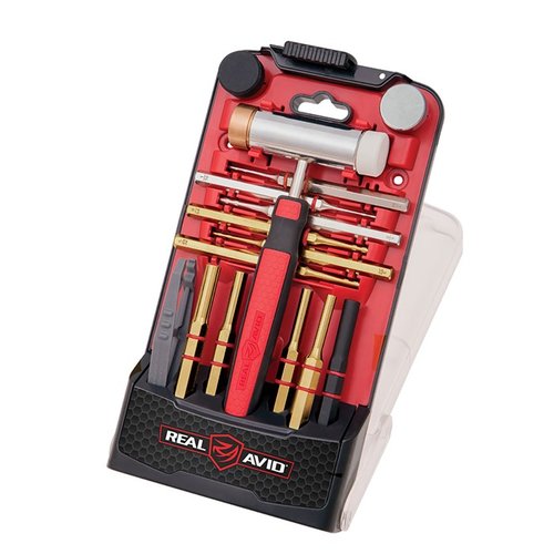 Il set ACCU-PUNCH di REAL AVID include un martello ergonomico con 4 teste intercambiabili e punte in ottone e acciaio, ideale per la rimozione sicura dei pin delle armi.