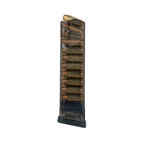 I caricatori in polimero traslucido ETS per Glock .40 S&W offrono leggerezza, visibilità immediata del caricatore e compatibilità con modelli Gen 1-4.