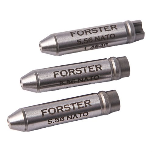 Il kit 5.56 Armorers Headspace Gauge di Forster include Go, midrange e max field gauges, progettati per un uso facile senza smontare il bolt.