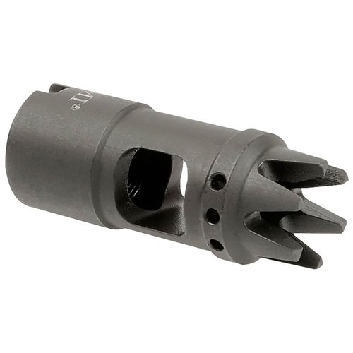 Il freno di bocca AK12 di Midwest Industries riduce il rinculo, è realizzato in acciaio per utensili con finitura fosfata, include una nuova rondella e ha garanzia a vita.