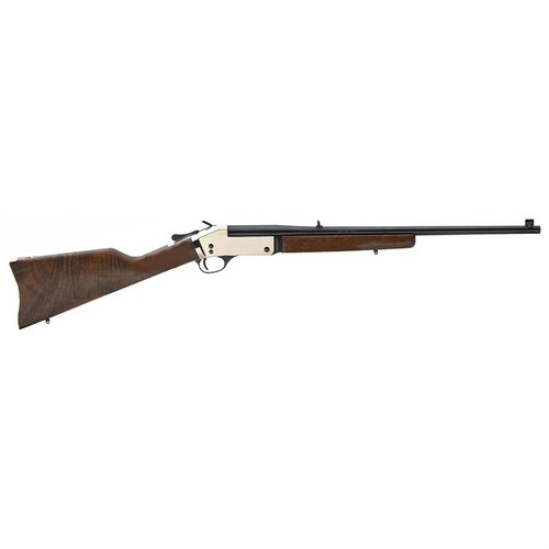 Fucile a colpo singolo calibro .44 Magnum/Special con finitura in ottone lucido, canna di 22", legno di noce americano e sistema di sicurezza innovativo.