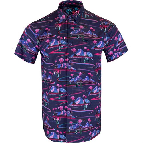 La RETRO RIFLE SHORT SLEEVE BUTTON DOWN SHIRT è leggera e traspirante, realizzata in 97% Polyester e 3% Spandex, perfetta per il comfort durante le attività all'aperto.