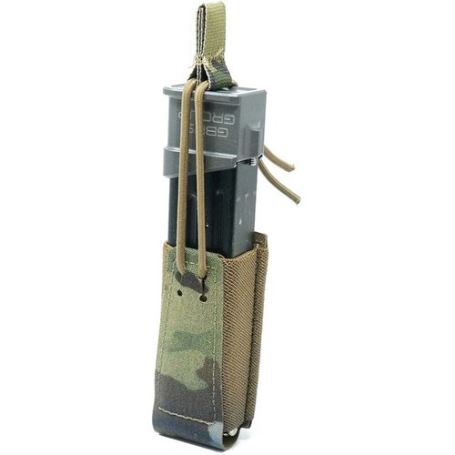 La Single Pistol Mag Pouch di GBRS Group offre compatibilità MOLLE/BELT, ritenzione bungee rimovibile e costruzione in Squadron laminate per un'estrazione fluida.