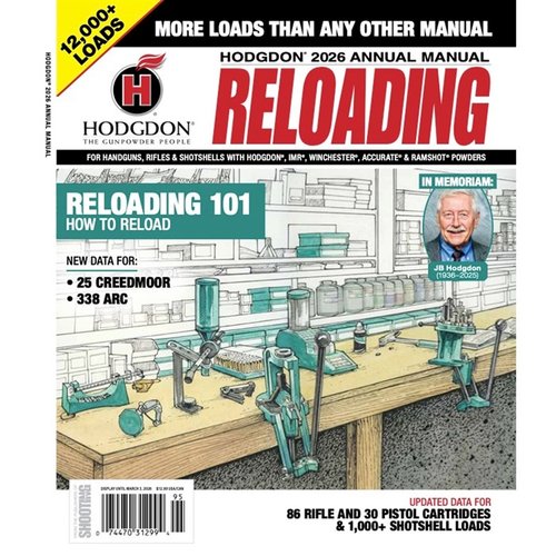 Il Manuale Annuale Hodgdon 2026 offre oltre 11.000 dati di ricarica per cartucce di fucile e pistola, inclusi i dati per IMR, Winchester, Ramshot e Accurate.