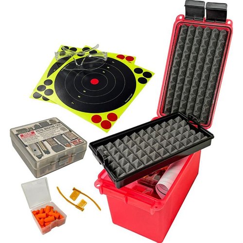 Il PISTOL RANGE KIT MTM offre tutto il necessario per una giornata al poligono, con un design resistente all'acqua e una custodia per armi e accessori ben organizzata.