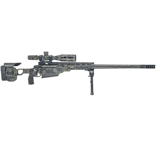 Il fucile a otturatore THE ELITIST .50 BMG offre precisione estrema, leggerezza e prestazioni superiori, con canna in carbonio e freno di bocca in titanio.