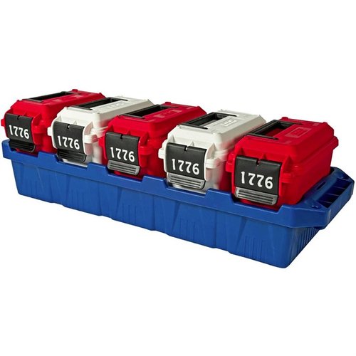 Cassa MTM per munizioni 250° anniversario con 5 mini contenitori O-ring, impilabile, robusta e ideale per trasportare e organizzare munizioni multi-calibro.