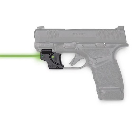 Il laser verde E SERIES™ di Viridian per Springfield Hellcat offre installazione facile, autonomia di 60 minuti, e portata fino a 100 yard di giorno e 2 miglia di notte.