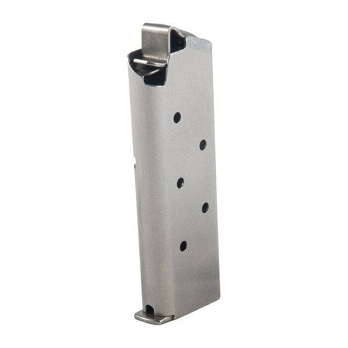 I caricatori Metal Form per Colt Mustang, realizzati in acciaio inossidabile spazzolato, offrono 6 colpi, con e senza estensione per il dito, e sono dotati di 5 fori di visualizzazione.