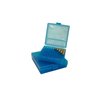Le FLIP TOP PISTOL AMMO BOX di MTM CASE-GARD offrono un trasporto sicuro per 100 colpi, superficie resistente, impilabili e con garanzia di 25 anni.