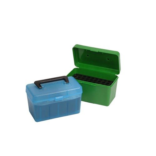 La HANDLE CARRY RIFLE AMMO BOX offre protezione ottimale per le munizioni, maniglia pieghevole e design impilabile, ideale per trasportare fino a 50 cartucce.