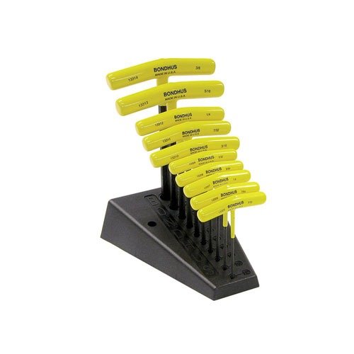 Il set T-HANDLE HEX BONDHUS offre manici ergonomici per un comfort ottimale, 10 chiavi da 3/32" a 3/8" e un supporto per un facile accesso.