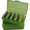 Le scatole per munizioni FLIP TOP PISTOL AMMO BOX 40S&W-45ACP offrono una superficie antiscivolo, sono impilabili e garantite per 25 anni, perfette per il tiro.