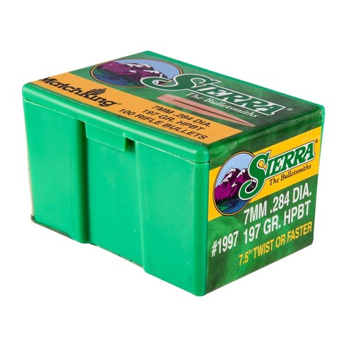 I proiettili MatchKing® 7MM da 197GR con design a punta cava e boat tail offrono prestazioni balistiche superiori per competizioni di tiro a lungo raggio.