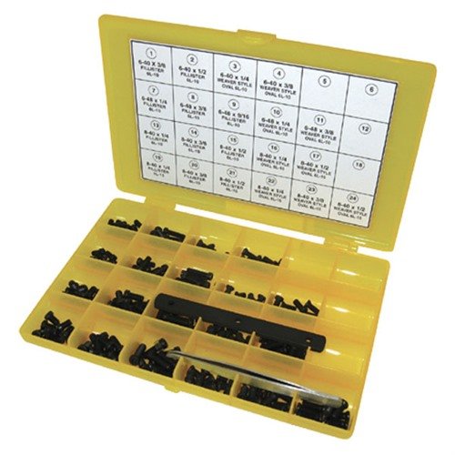 Il Master Gunsmith Screw Kit-202 offre 200 viti esclusive 6-Lobe, resistenti allo slittamento, con pinzette e calibro per filetti, compatibile con tutti i cacciaviti 6-lobe.