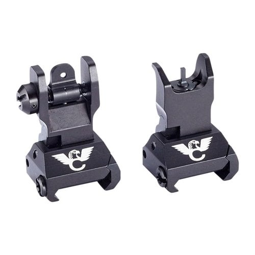 Set di mirini AR-15 in alluminio anodizzato, pieghevoli e regolabili, con meccanismo di bloccaggio in acciaio, compatibili con rail Picatinny per una robustezza eccezionale.